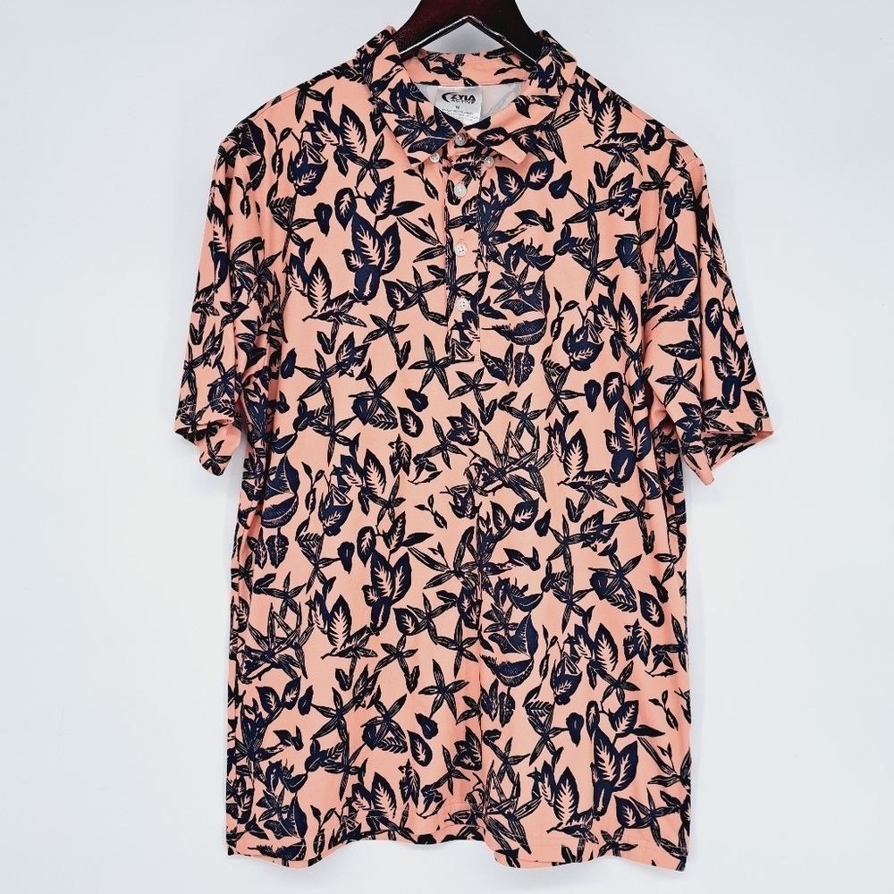 Zyia Active Men's Tropical Leaf‎ Print Polo Shirt Size Medium
